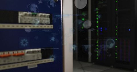 Data Center Server Rack with Green LED Indicators and Power Panel Reflective HUD Overlay