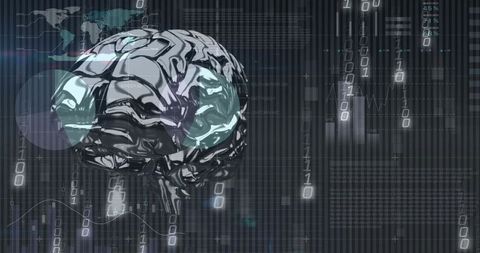 Futuristic Metallic Brain with Binary Code and Holographic Charts