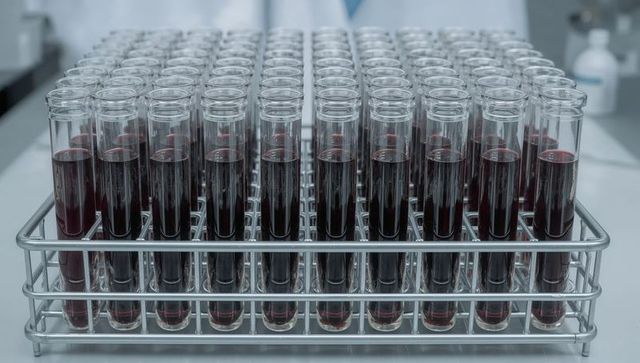 Stainless steel rack holding test tubes containing blood samples on clinical bench