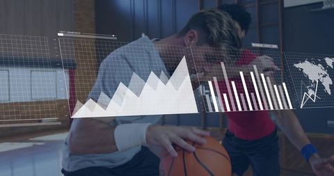 Basketball player dribbling past defender with analytics overlay and performance charts
