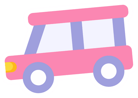 Transparent cartoon minibus with lavender wheels and pink hue