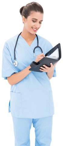 Transparent Nurse Wearing Blue Scrubs Checking Agenda with Stethoscope - Download Free Stock Videos Pikwizard.com