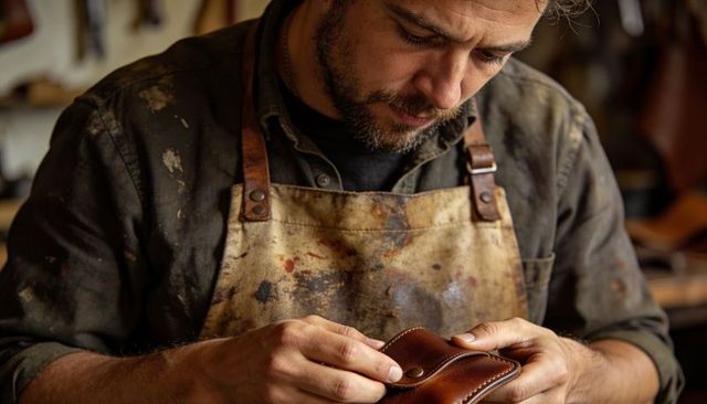 Male artisan handcrafting brown leather wallet with brass snap, close-up workshop detail