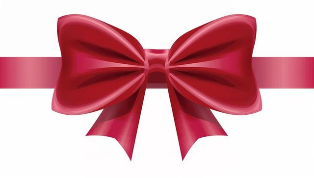 Glossy red satin bow with ribbon band and flowing tails on white backdrop