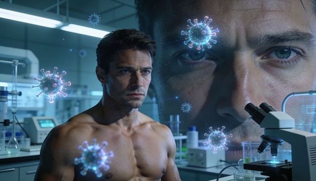 Shirtless male researcher standing in futuristic lab with holographic virus projections