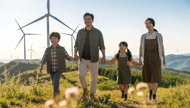 Family of four walking hand in hand on meadow trail below wind turbines at golden hour