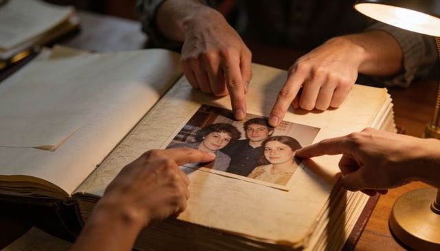 Pointing at vintage family portrait in heirloom album under warm lamp light