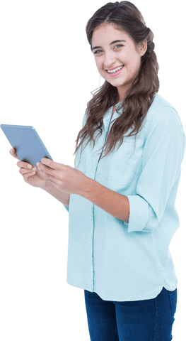 Transparent Smiling Young Woman Using Digital Tablet - Download Free Stock Videos Pikwizard.com