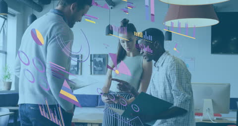 Diverse Team Collaborating with Statistical Data Overlay