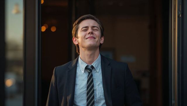 Confident young businessman standing at office entrance smiling with relaxed satisfaction