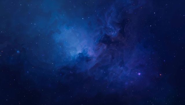 Blue-Violet Nebula Expanding across Deep Space, Glowing Starfield with Dust Lanes, Planet