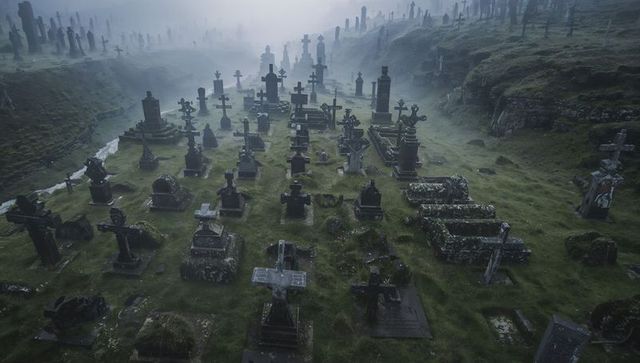 Misty moorland cemetery with weathered celtic crosses receding into dawn fog