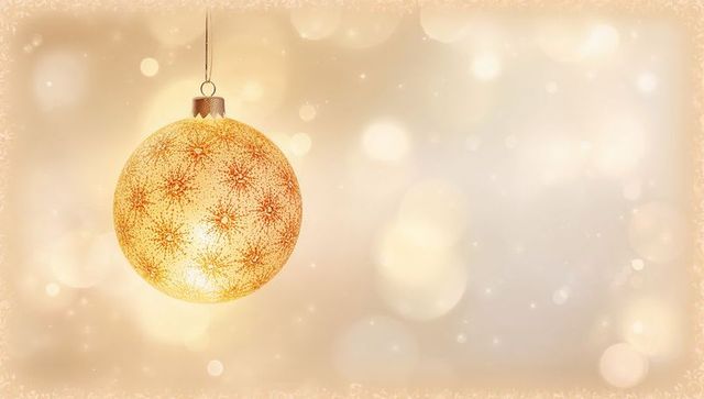 Golden christmas bauble hanging on warm bokeh background with sparkling star pattern glow