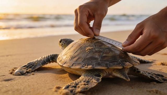 Conservationist measuring sea turtle shell with ruler at sunset on sandy beach