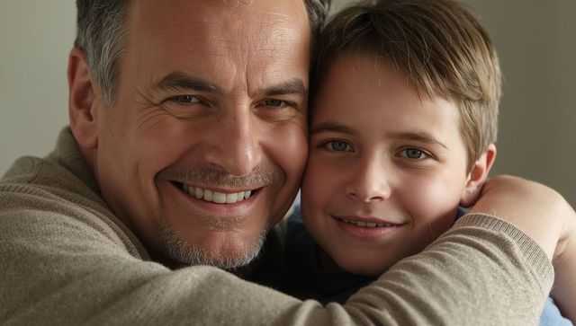 Father Hugging Son in Close Embrace Smiling Warm Family Bond at Home