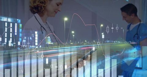 Medical team analyzing digital health data overlaying urban night highway with charts