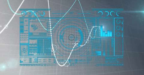 Blue holographic data dashboard displaying radar charts, analytics and node monitoring