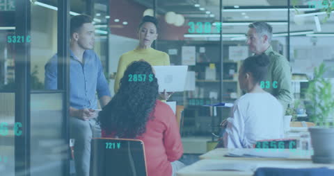 Diverse Colleagues Collaborating in Modern Office with Digital Overlay