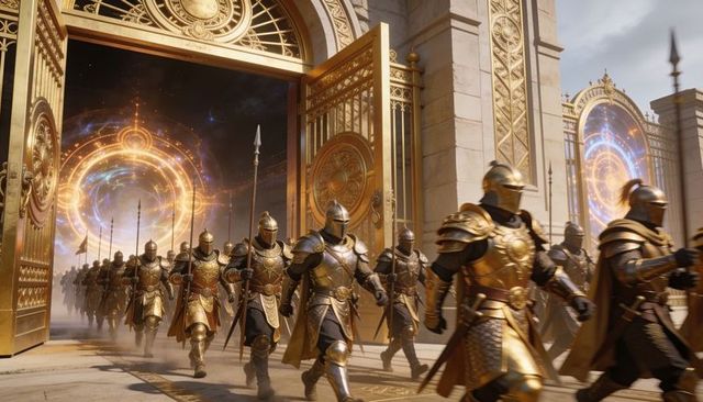 Golden paladin vanguard marching through celestial portals and ornate palace gates
