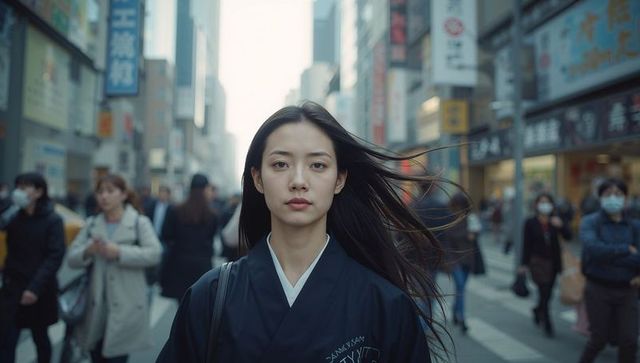 Asian woman standing on busy tokyo crosswalk with windblown hair and urban crowd