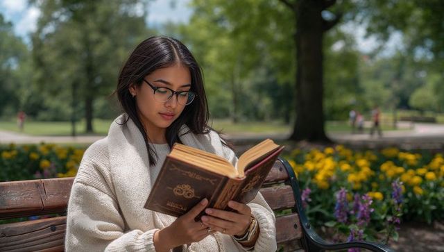 Young woman reading on park bench surrounded by colorful flowers and leafy green park