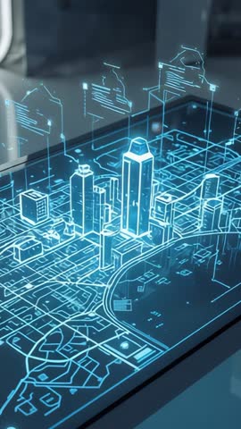 Vertical holographic city model displaying floating data panels in tech lab