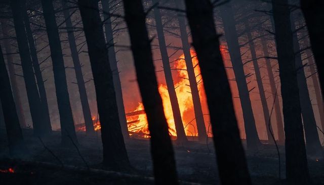 Wildfire burning through pine forest at dusk with silhouetted trunks