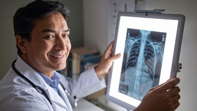 Smiling physician holding chest X-ray on lightbox, reviewing radiograph in clinic