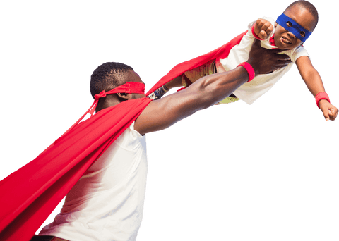 African American Superhero Father and Son on Transparent Background