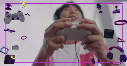 Teen gamer holding wired controller with neon purple frame and floating gaming icons