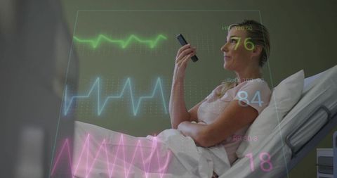 Reclining patient holding device while monitoring vitals with futuristic ecg overlay