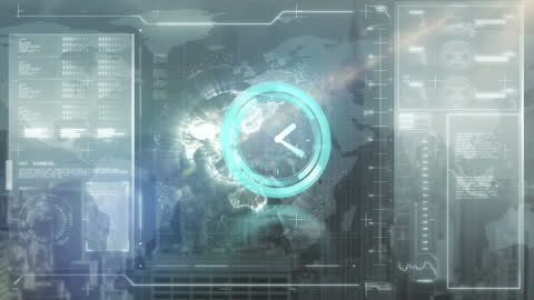 Futuristic Digital Clock Overlay with Cityscape Data