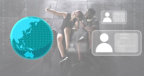 Couple Taking Selfie with Holographic Globe and Augmented Reality Interface in Modern Atrium