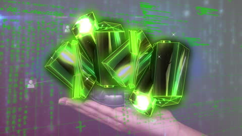 Hand Holding Holographic Green Geometric Objects with Digital Interface