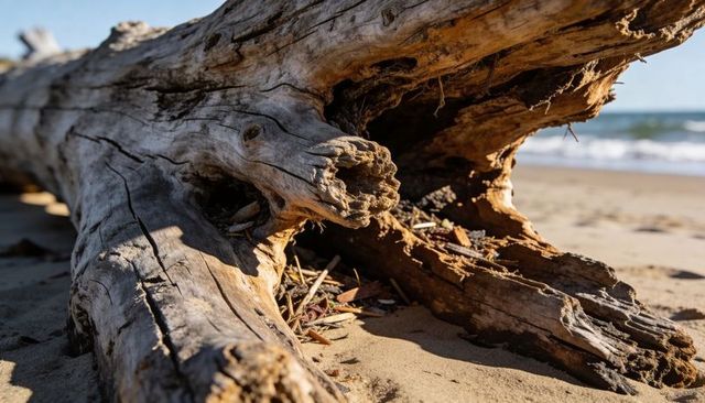 Weathered driftwood resting on sandy beach showing exposed roots and hollow cavity