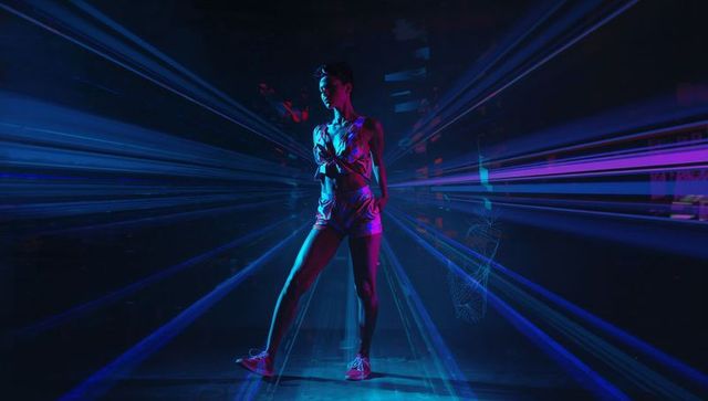 Asian dancer in neon abstract silhouette