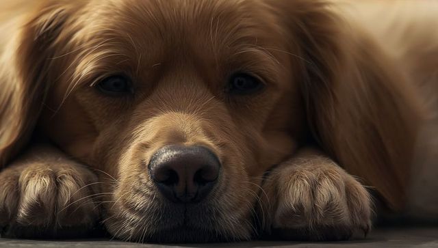 Golden Retriever Closeup Resting Head on Paws with Wet Nose and Soft Fur, Calm Expression