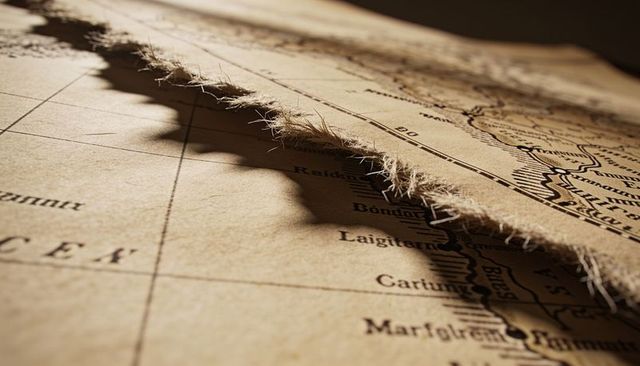 Frayed torn edge of antique map showing inked coastline and aged parchment detail