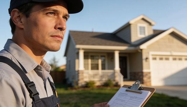 Home inspector holding clipboard near suburban house conducting exterior inspection at dusk