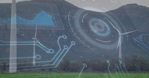 Futuristic overlay of wind turbines with digital technology symbols