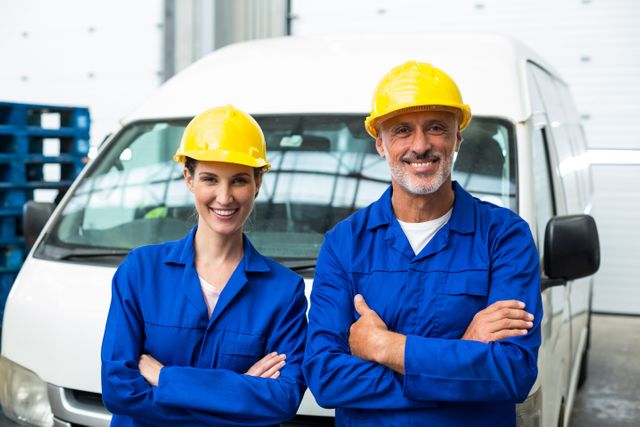 Two warehouse workers, a man and a woman, are standing in front of a white van with their arms crossed, wearing blue uniforms and yellow hard hats. They are smiling, indicating confidence and teamwork. This image can be used for promoting logistics, transportation services, industrial safety, and teamwork in professional settings.