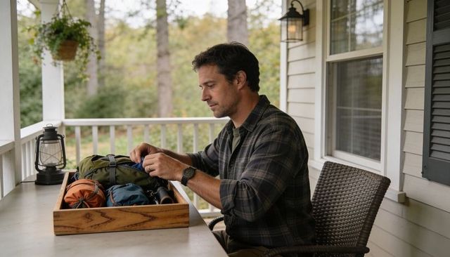 Man packing camping gear on front porch with wooden tray lantern rustic autumn outdoors