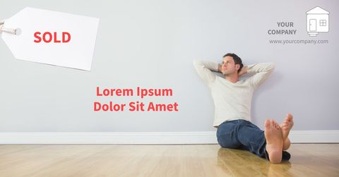 contented homeowner sitting beside sold property sign - Download Free Stock Templates Pikwizard.com