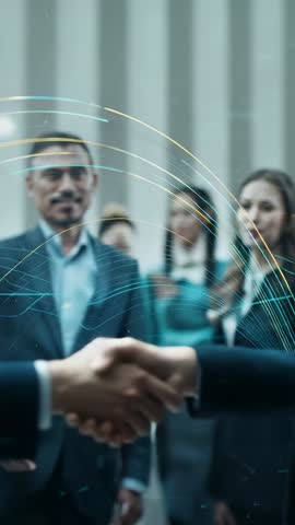 Vertical corporate handshake with digital data arcs sealing partnership deal in boardroom
