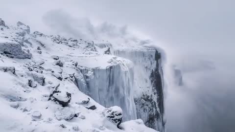 Wind gusting, lifting snow from frozen plateau, unveiling towering ice curtain on fog-shrouded preci