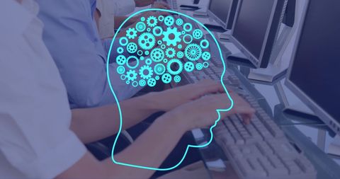 AI Brain Graphic Overlaid on Diverse Computer Users Typing in Office
