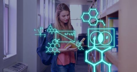 Student exploring digital scientific concepts in library