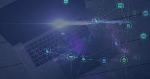 Digital ecommerce network overlay on laptop with lens flare