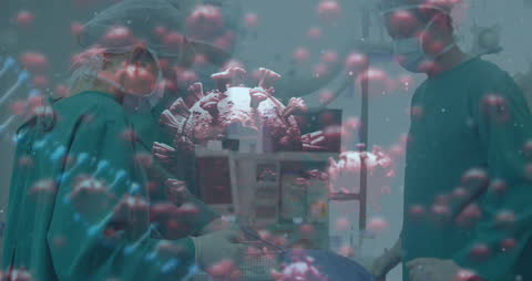 Surgeons in Face Masks with COVID-19 Virus Overlay
