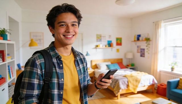 Smiling teen student standing in cozy dorm room holding smartphone wearing backpack